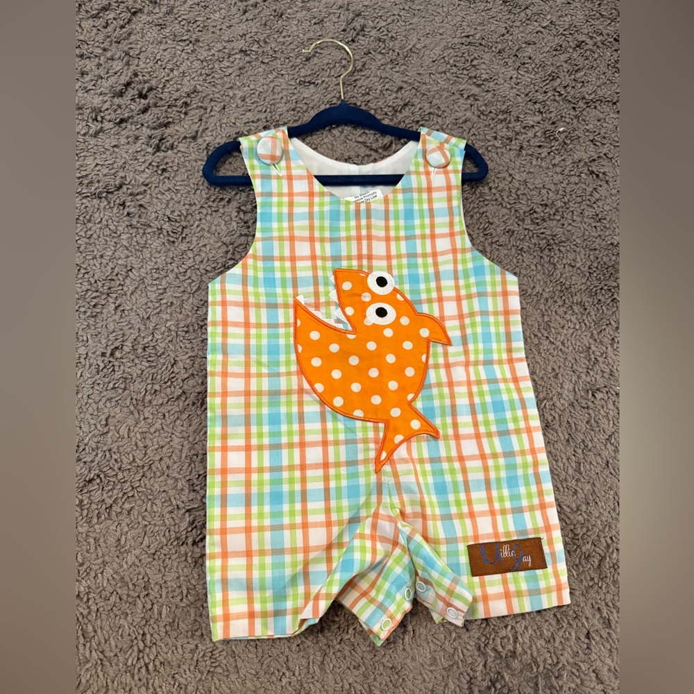 Plaid Baby Jon Jon with Embroidered Orange Fish